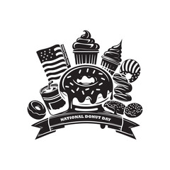 National Donut Day Silhouette Vector Illustration, Solid White Background.