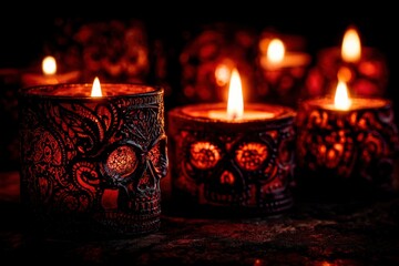 Ornate skull candles casting a warm glow.