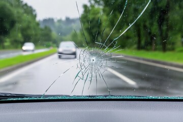 Cracked car windshield with impact point, wet road and blurred traffic visible.