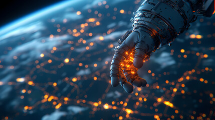 A robotic hand hovers over a glowing, networked Earth, symbolizing technology"s global reach and connectivity.