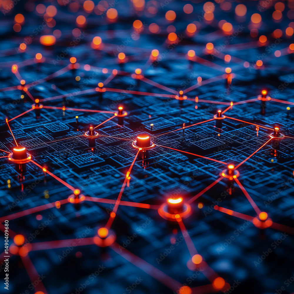 Poster glowing network of connected nodes on dark circuit board creates futuristic digital web