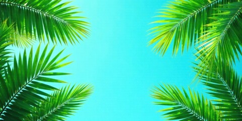 Fototapeta premium Vibrant Green Palm Fronds Against a Clear Azure Sky, Creating a Lush and Tropical Setting Perfect for Relaxation and Escape