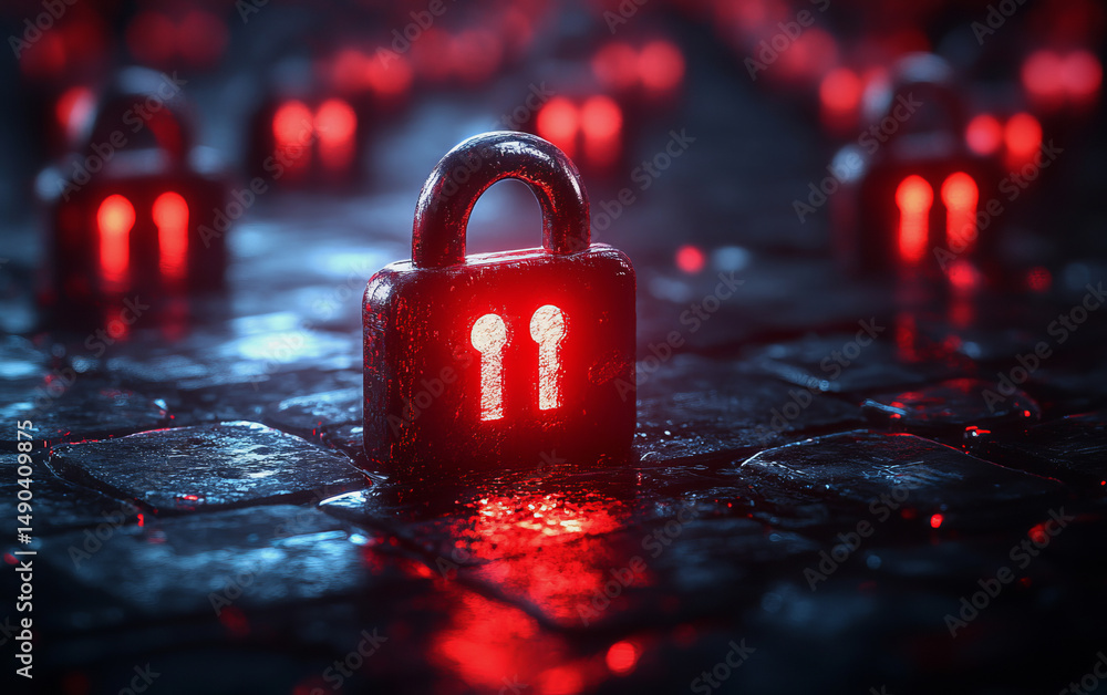 Poster glowing red padlock on dark wet surface symbolizes secure encryption and digital protection