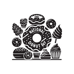 National Donut Day Silhouette Vector Illustration, Solid White Background.
