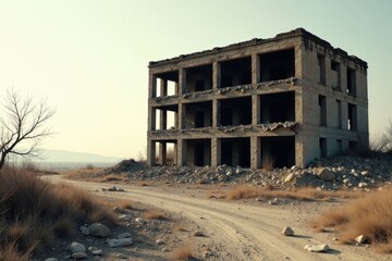 A desolate, multi-story concrete shell building stands amidst a rocky, arid landscape, a lonely dirt road curving past its crumbling structure under a pale sky.