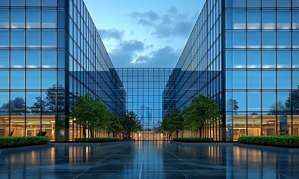 Modern glass office building at dusk, reflecting the sky and trees in its windows.
