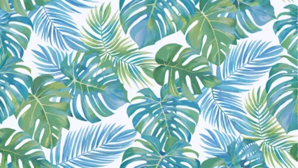 Gardinen Pflanzen Muster  Vibrant Tropical Leaf Pattern for Design Inspiration. A seamless pattern featuring various tropical leaves in shades of teal, turquoise, and green.  © freelancerhamza65