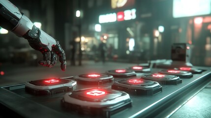 Futuristic robot arm interacting with digital interface in a night cityscape