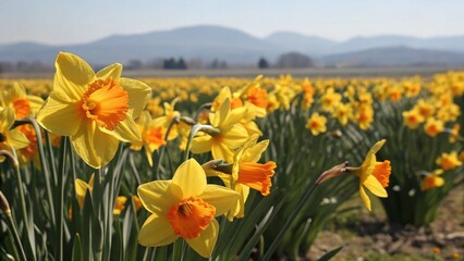 Vibrant Field of Daffodils under a Sunny Sky