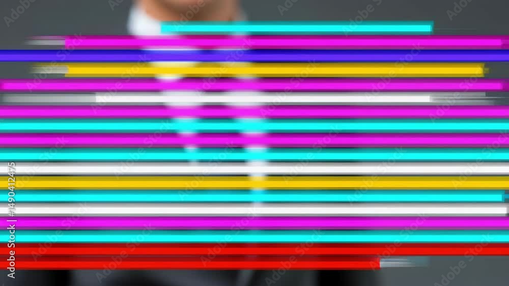 Poster a businessperson in a suit interacts with colorful digital progress bars, suggesting data analysis o