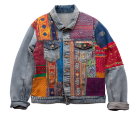 Artistic patchwork denim jacket for unique style on a transparent background, cut out