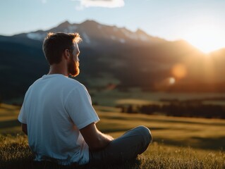 Meditative man seated in mountain landscape at sunset contemplating natural scenery outdoor serenity and tranquility