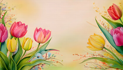 A vibrant floral illustration featuring colorful tulips against a soft background.