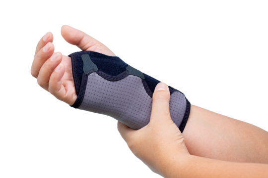 Wrist wearing a wrist support brace for injury recovery or pain relief. Orthopedic healthcare concept,Wrist inflammation, physiotherapy, rehabilitation treatment. isolated on transparent background