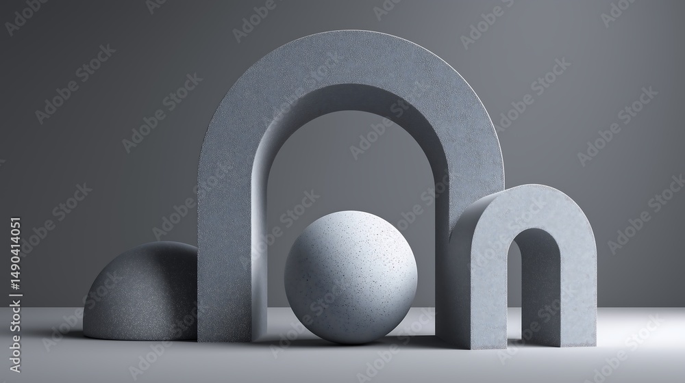 Poster a clean 3d abstract background composition of geometric shapes such as spheres and arches in matte g