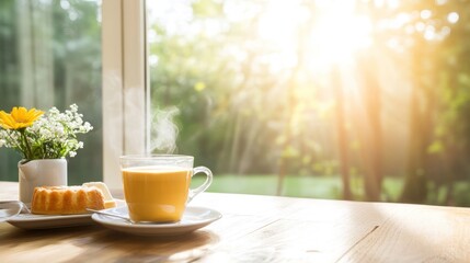 Morning refreshment cup of tea and cake in sunlight