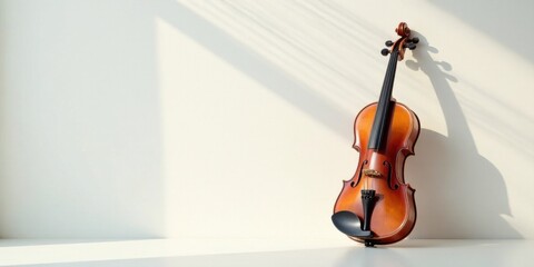 A sunlit violin rests elegantly against a pale wall, casting a gentle shadow; a scene of quiet musical contemplation.