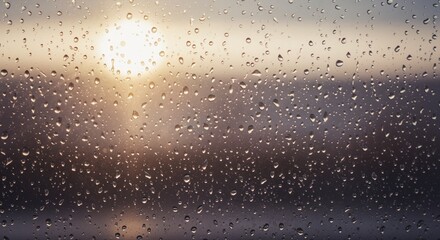 Raindrops on glass with sunset view in soft, warm colors  