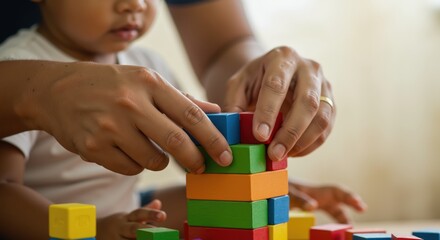 Child playing with colorful building blocks while adult assists  