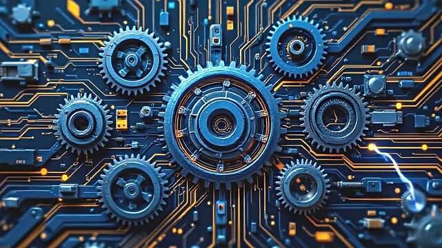 futuristic gears and circuits intertwining, dynamic animation representing innovation, rapid transitioning patterns, electrifying color options of deep blues and bright yellows