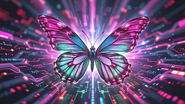 digital butterfly effect unfolding, animation illustrating the ripple of innovation, vibrant transitions blending colors of pink and green, detailed backgrounds resembling high tech environments