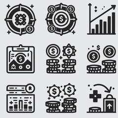 Business Plan Icon Set – Black and White Line Style, Strategy and Planning Symbols