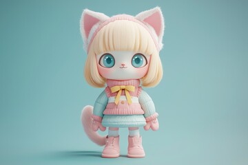 Obraz premium Cute, stylized, digital rendering of a cartoon cat girl figure.