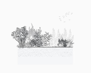 Plakat set of forest line cad, minimal isolated on white background. Ground cover. Illustration for elevation architectural element, side view, grass section. Turf coating banners for edging.