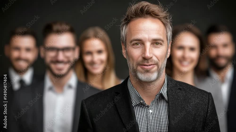 Aufkleber a confident man in business attire points at the camera while standing in front of a smiling team of