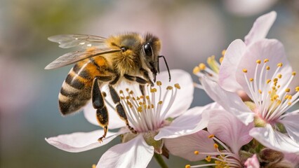 Honeybee Pollinating Delicate Pink Blossom