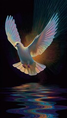 Fototapeta premium Iridescent White Dove in Flight Over Dark Water, Abstract Digital Art