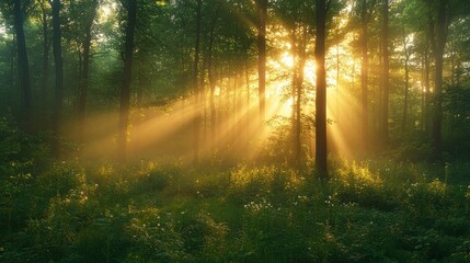 Naklejka premium Sunbeams Through the Mystic Forest