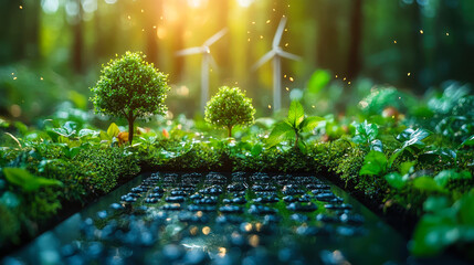 Sustainable Investment Portfolio with Eco-Friendly Energy Sources and Lush Greenery