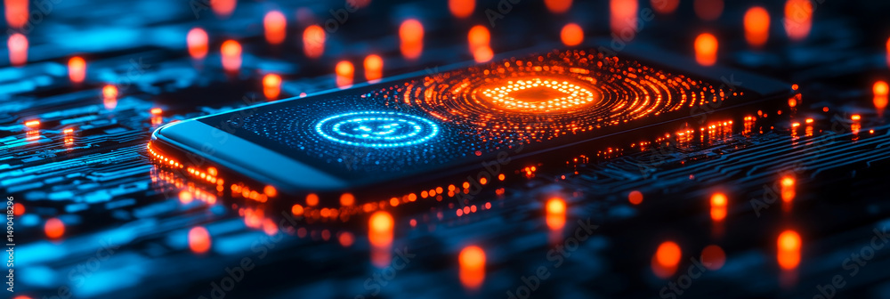 Aufkleber biometric cryptocurrency transaction on smartphone with blockchain nodes glowing