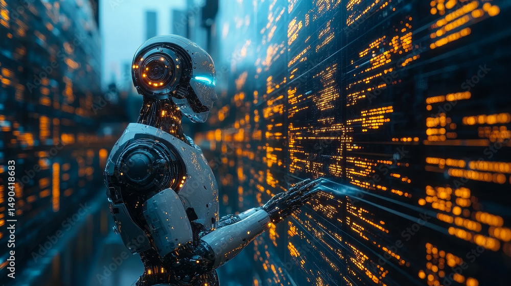 Poster ai robots transforming financial transactions in a futuristic business hub