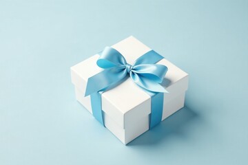 Fototapeta premium A pristine white gift box adorned with a delicate light-blue satin ribbon, tied in a perfect bow, rests on a pale-blue background, symbolizing a thoughtful present.