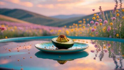 Avocado on plate with flowers and mountain background