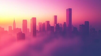 A city skyline shrouded in fog, with only the tallest buildings visible