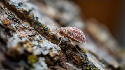 Obraz premium Pink insect on tree bark closeup