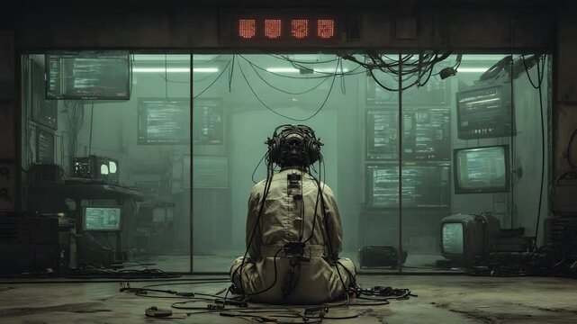 Illustration of a dark tech lab, wires dangling as a figure connects to a virtual unknown