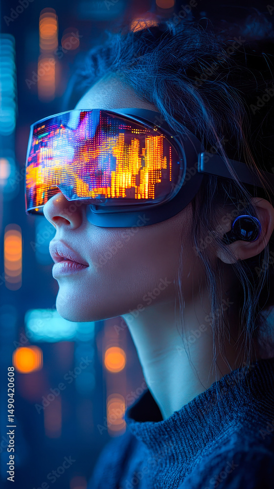 Poster neobank customer using ar headset with interactive floating financial charts and graphs