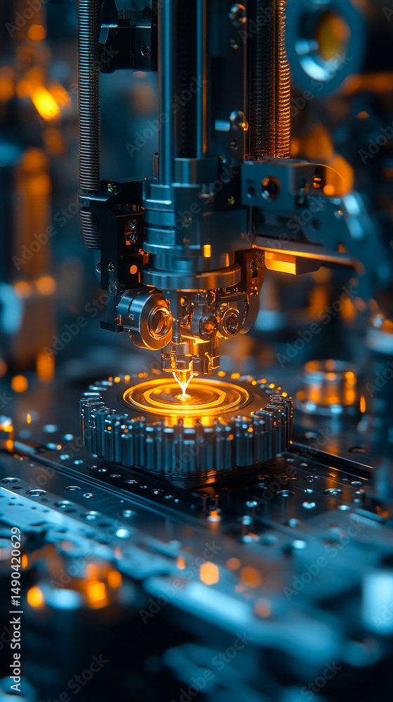 Poster advanced 3d printer creating complex mechanical part highlighting manufacturing innovations