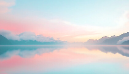 Obraz premium Serene sunrise lake with mountain reflection.