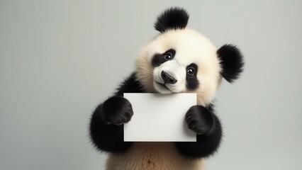 Fototapeta premium Adorable panda holding a blank mockup for creative designs and marketing.