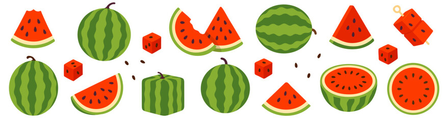 Large collection of whole and sliced watermelons in various shapes, including round and square fruits, with seeds on white background, perfect for food, summer, or fruit design themes