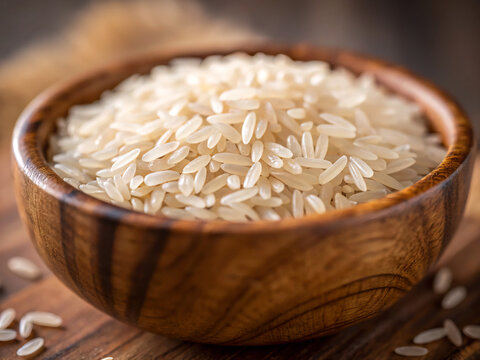 bowl of rice. rice, food, bowl, white, grain, raw, ingredient, isolated, healthy, meal, dry, closeup, cereal, seed, vegetarian, agriculture, diet, spoon, organic, wooden, brown, nobody, nutrition, lon