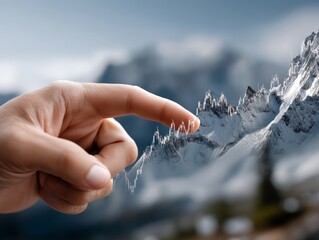 Hand Tracing Stock Market Growth on Mountain Peaks Business Visualization Digital Art Dramatic Landscape Conceptual View