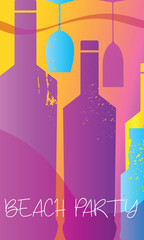 Beach party, alcohol bottles, glasses set. Vector design banner for bar, restaurant, wine list, red wine, chardonnay, martini
