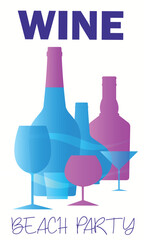 Beach party poster, vector design of wine bottle, brandy, glasses. Banner for restaurant, bar, summer holiday with drinks, red wine, cocktail