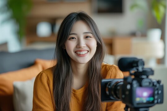 Happy young asian woman vlogging at home in casual outfit
